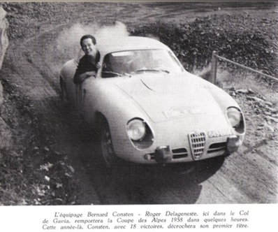 Bernard Consten - Roger de Lageneste
19º Critérium International de la Montagne - Coupe des Alpes 1958. Alfa Romeo Giulietta SZ (643 EN 14). Clasificado 1º.

Del 7 al 12 de Julio, Marseille-Brescia-Les Gets-Marseille.
Superficie: asfalto - tierra.

Tomaton la salida 55 equipos, finalizaron 25.@
Palabras clave: Alfa_Romeo;Alpes;1958