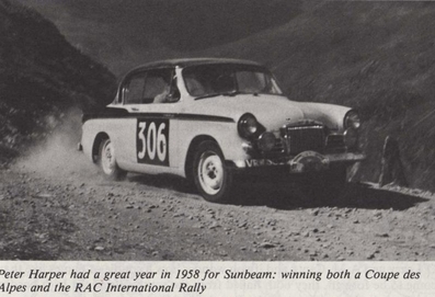 Peter Harper - Peter Jopp
19º Critérium International de la Montagne - Coupe des Alpes 1958. Sunbeam Rapier (VHW 302). Clasificado 6º.

Del 7 al 12 de Julio, Marseille-Brescia-Les Gets-Marseille.
Superficie: asfalto - tierra.

Tomaton la salida 55 equipos, finalizaron 25.@
Palabras clave: Sunbeam;Alpes;1958