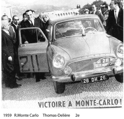 André Thomas - Jean Delière
28º Rallye Automobile de Monte-Carlo 1959. Simca Aronde P60 Montlhéry (26 DH 26). Clasificado 2º.

Del 19 al 25 de Enero, Monaco.
Superficie: asfalto - nieve.

El Rally tenía un total de 3486.00 km incluyendo tramos de enlace.
Desconocemos de cuantos kilómetros cronometrados constaba la prueba.

Se inscribieron 345 equipos, tomaron la salida 322, finalizaron 186.@
Palabras clave: Simca;Montecarlo;1959;Personajes