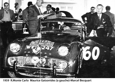Maurice Gatsonides - Marcel Becquart
28º Rallye Automobile de Monte-Carlo 1959. Triumph. Ten. Clasificado 68º.

Del 19 al 25 de Enero, Monaco.
Superficie: asfalto - nieve.

El Rally tenía un total de 3486.00 km incluyendo tramos de enlace.
Desconocemos de cuantos kilómetros cronometrados constaba la prueba.

Se inscribieron 345 equipos, tomaron la salida 322, finalizaron 186.@
Palabras clave: Triumph;Montecarlo;1959