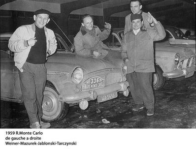 Weiner - Jablonski
28º Rallye Automobile de Monte-Carlo 1959. Simca Aronde. Clasificado 163º.

Del 19 al 25 de Enero, Monaco.
Superficie: asfalto - nieve.

El Rally tenía un total de 3486.00 km incluyendo tramos de enlace.
Desconocemos de cuantos kilómetros cronometrados constaba la prueba.

Se inscribieron 345 equipos, tomaron la salida 322, finalizaron 186.@
Palabras clave: Simca;Montecarlo;1959;Personajes