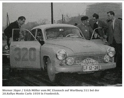Werner Jäger - Erich Möller
28º Rallye Automobile de Monte-Carlo 1959. Awe Wartburg. Clasificado 168º.

Del 19 al 25 de Enero, Monaco.
Superficie: asfalto - nieve.

El Rally tenía un total de 3486.00 km incluyendo tramos de enlace.
Desconocemos de cuantos kilómetros cronometrados constaba la prueba.

Se inscribieron 345 equipos, tomaron la salida 322, finalizaron 186.@
Palabras clave: Wartburg;Montecarlo;1959