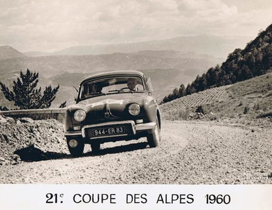 Georges Branche - Robert Jullien 
21º Coupe des Alpes 1960. Renault Dauphine. Clasificado 37º.

Del 26 al 30 de Junio, Marseille - Bormio - Chamonix - Cannes.

Desconocemos de cuantos kilómetros constaba la prueba.

Tomaron la salida 64 equipos, finalizaron 39.@
Palabras clave: Renault;Alpes;1960