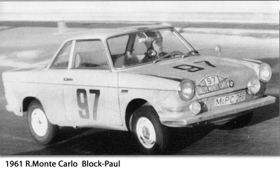 Klaus Block - Paul Herbert
30º Rallye Automobile de Monte-Carlo 1961. BMW 700 (M-PC 266). Clasificado 5º.

Del 21 al 28 de Enero, Montecarlo.
Superficie: asfalto - nieve.

Tomaron la salida 305 equipos, finalizaron 156.@


Palabras clave: BMW;Montecarlo;1961