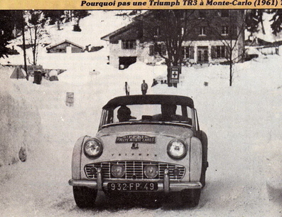 Bob Neyret - Patrick Verilhac
30º Rallye Automobile de Monte-Carlo 1961. Triumph TR3A (932-FP 49). Clasificado 88º.

Del 21 al 28 de Enero, Montecarlo.
Superficie: asfalto - nieve.

Tomaron la salida 305 equipos, finalizaron 156.@
Palabras clave: Triumph;TR3A;Montecarlo;1961;nieve