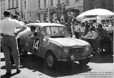 Bernard Consten - Claude le Guezec
10º East African Safari Rally 1962. Renault R4 GTL.

Del 19 al 23 de Abril, Nairobi-Kampala-Dar es Salaam-Nairobi.
Superficie: tierra.

Tomaron la salida 104 equipos, finalizaron 46.@
Palabras clave: Renault;GTL;Safari;1962