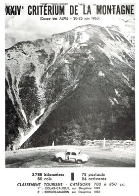 24º Coupe des Alpes 1963
En portada el 87# Renault Dauphine 1093 de Georges Nicolas - Didier Cauquil, Clasificado 10º.

Del 20 al 25 de Junio, Marseille - Chamonix - Milan - Marseille.
Superficie: asfalto.

Tomaron la salida 79 equipos, finalizaron 24.
Palabras clave: Renault;Alpes;1963