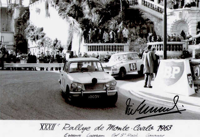 Victor (Vic) Elford - Michael Butler
32º Rallye Automobile de Monte-Carlo 1963. Triumph Vitesse. Clasificado 24º.

Del 20 al 24 de Enero, Monte-Carlo.
Superficie: asfalto - nieve.

Tomaron la salida 296 equipos, finalizaron 96.@

Palabras clave: ;Montecarlo;1963