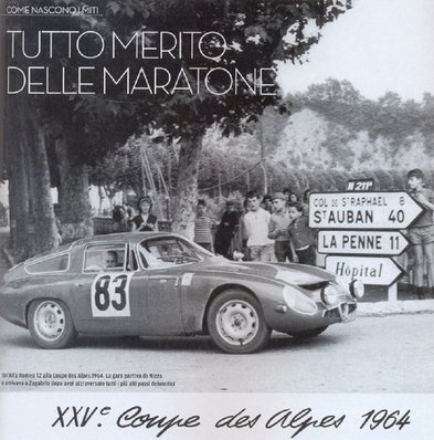 Jean Rolland - Gabriel Augius
25º Coupe des Alpes 1964. Alfa Romeo Giulia TZ (2945 QD 75). Clasificado 1º.

Del 22 al 27 de Junio, Marseille - Grenoble - Monte-Carlo.
Superficie: asfalto.

La prueba constaba 10 tramos cronometrados.
Incluyendo tramos de enlace y cronometrados tenía un total de 3412.00 km.

Tomaron la salida 73 Equipos, finalizaron 25.@
Palabras clave: Alfa_Romeo;Alpes;1964