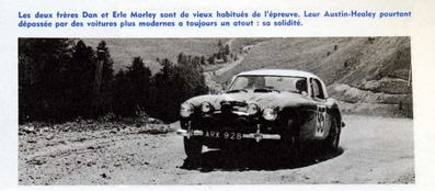 Jude Morley Donald - Erle Morley Godfrey
25º Coupe des Alpes 1964. Austin-Healey 3000 (ARX 92B). Clasificado 2º.

Del 22 al 27 de Junio, Marseille - Grenoble - Monte-Carlo.
Superficie: asfalto.

La prueba constaba 10 tramos cronometrados.
Incluyendo tramos de enlace y cronometrados tenía un total de 3412.00 km.

Tomaron la salida 73 Equipos, finalizaron 25.@
Palabras clave: Austin;Alpes;1964