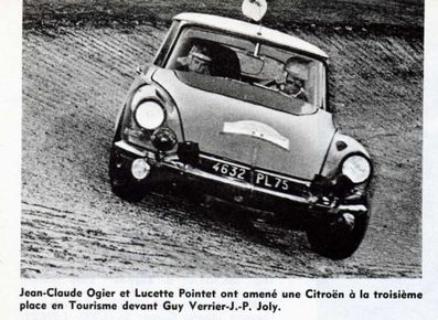 Jean-Claude Ogier - Lucette Pointet
25º Coupe des Alpes 1964. Citröen DS19 (4632 PL75). Clasificado 10º.

Del 22 al 27 de Junio, Marseille - Grenoble - Monte-Carlo.
Superficie: asfalto.

La prueba constaba 10 tramos cronometrados.
Incluyendo tramos de enlace y cronometrados tenía un total de 3412.00 km.

Tomaron la salida 73 Equipos, finalizaron 25.@
Palabras clave: Citroen;Alpes;1964