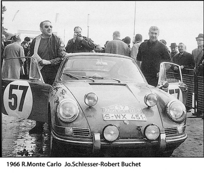 Robert Buchet - Robert Schlesser
35º Rallye Automobile de Monte-Carlo 1966. Porsche 911 S (S-WX 451). Clasificado 19º.

Del 14 al 20 de Enero, Monte-Carlo.
Superficie: asfalto - nieve.

119 equipos completaron el rally en su totalidad.
A partir de la posición 120, los equipos no se clasificaron para el tramo final, pero fueron clasificados oficialmente.

Tomaron la salida 322 equipos, finalizaron 184.
@
Palabras clave: Porsche;Montecarlo;1966