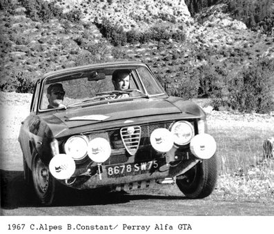 Bernard Consten - Jean-Claude Peray
28º Coupe des Alpes 1967. Alfa Romeo Giulia GTA (8678 SW75). Clasificada 2º.

Del 4 al 9 de Septiembre, Marseille - Alpe d'Huez - Menton.
Superficie: asfalto.

Tomaron la salida 80 equipos, finalizaron 15.@
Palabras clave: Alfa_Romeo;Alpes;1967