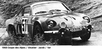 Jean Vinatier - Jean-François Jacob
29º Coupe des Alpes 1968. Alpine-Renault A110 1440 (4839 GG 76). Clasificado 1º.

Del 2 al 8 de Septiembre, Marseille - Aix les Bains - Antibes, Francia.
Superficie: asfalto.

La prueba constaba de 3 etapas con un total de 174.10 km cronometrados divididos en 10 tramos especiales.

Tomaron la salida 64 equipos, finalizaron 12.@
Palabras clave: Renault;Alpine;Alpes;1968