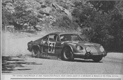 Jean Vinatier - Jean-François Jacob
29º Coupe des Alpes 1968. Alpine-Renault A110 1440 (4839 GG 76). Clasificado 1º.

Del 2 al 8 de Septiembre, Marseille - Aix les Bains - Antibes, Francia.
Superficie: asfalto.

La prueba constaba de 3 etapas con un total de 174.10 km cronometrados divididos en 10 tramos especiales.

Tomaron la salida 64 equipos, finalizaron 12.@
Palabras clave: Renault;Alpine;Alpes;1968