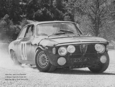 Jean-Louis Barailler - Philippe Fayel
29º Coupe des Alpes 1968. Alfa Romeo Giulia GTA (2755 SM 75). Clasificado 2º.

Del 2 al 8 de Septiembre, Marseille - Aix les Bains - Antibes, Francia.
Superficie: asfalto.

La prueba constaba de 3 etapas con un total de 174.10 km cronometrados divididos en 10 tramos especiales.

Tomaron la salida 64 equipos, finalizaron 12.@
Palabras clave: Alfa_Romeo;Alpes;1968