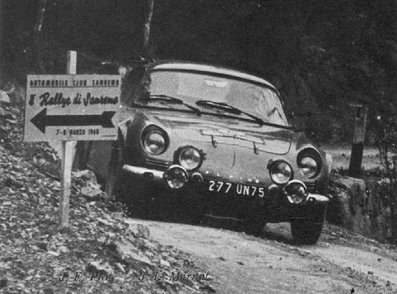 Jean-François Piot - Jean-Louis Marnat
10º Rally San Remo 1968. Alpine-Renault A110 (277 UN 75). Clasificado 10º.

Del 6 al 10 de Marzo, Sanremo.

Superficie: asfalto.

El Rally tenia 160.70 km cronometrados divididos en 19 tramos especiales.

Tomaron la salida 72, finalizaron 31.@
Palabras clave: Jean-François_Piot;Renault;Alpine;Sanremo;1968