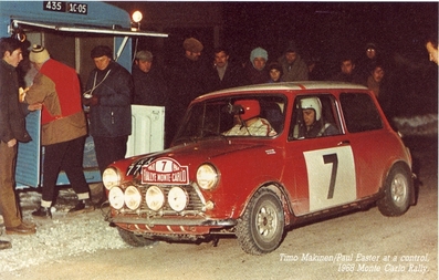 Timo Makinen - Paul Easter
37º Rallye Automobile de Monte-Carlo 1968. BMC Mini Cooper S (ORX 777F). Clasificado 55º.

Del 20 al 25 de Enero, Monte-Carlo.
Superficie: asfalto - nieve.

Tomaron la salida 200 equipos, finalizaron 79.@
Palabras clave: Timo_Makinen;Mini;Cooper;Montecarlo;1968