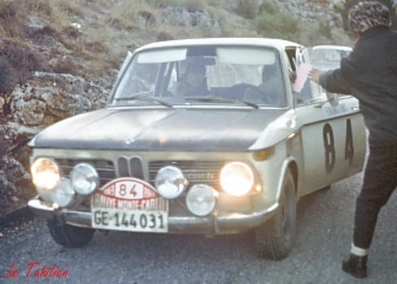 Patrick Lier - Michel Buzzi
38º Rallye Automobile de Monte-Carlo 1969. BMW 2002 Ti (GE 144 031). Clasificado 11º.

Del 17 al 24 de Enero, Monte-Carlo.
Superficie: asfalto - nieve.

El Rally tenia un total de 225.00 km cronometrados.

Se inscribieron 211 equipos, tomaron la salida 183, finalizaron 44.@
Palabras clave: BMW;Montecarlo;1969