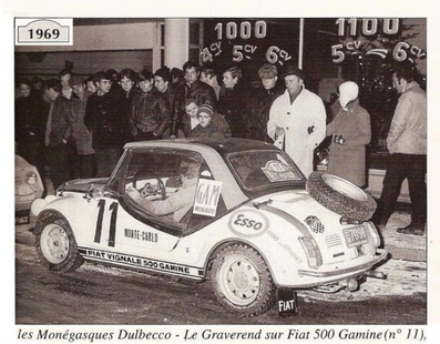 René-François Dulbecco - Yves Le Graverend
38º Rallye Automobile de Monte-Carlo 1969. Fiat 500 Gamine. Abandonó.

En este Monte-Carlo se celebró otra competición paralela (mismo recorrido) llamada 