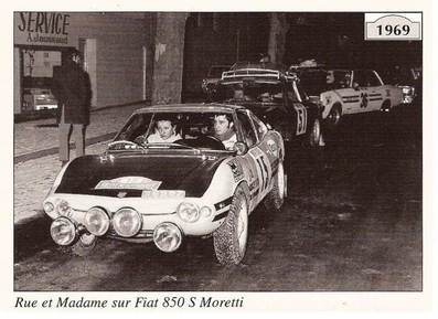 Raymond Rue - Marie-Catherine Rue
38º Rallye Automobile de Monte-Carlo 1969. Fiat 850 Moretti S. Abandonó.

En este Monte-Carlo se celebró otra competición paralela (mismo recorrido) llamada 
