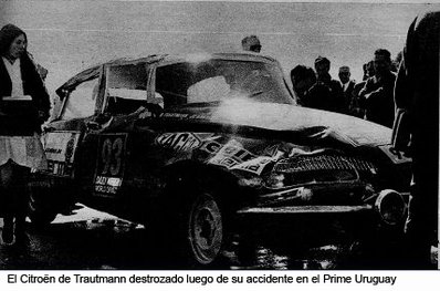 Rene Trautmann - Jean-Pierrie Hanrioud
Daily Mirror London-Mexico World Cup Rally 1970. Citröen DS21. Abandonó en Tacuarembo, por una salida de pista, Aunque pudo continuar, al final tuvo que abandonar.
La salida fue motivada por salir de un puente en curva muy fuerte.

Trautmann se quejaba desde el desembarque de Rio de Janeiro que el coche tenia problemas de suspension, los cuales no tenia cuando lo embarcó en Lisboa.

Anecdota:
Se dice que una vez habia abandonado, volvio a recorrer el tramo y se estrelló en el mismo sitio.

Del 19 de Abril al 27 de Mayo, Londres - Mexico.
Superficie: tierra - asfalto.

ITINERARIO:
Reino Unido, Francia, Alemania Occidental, Austria, Hungría, Yugoslavia, Bulgaria, regreso a Yugoslavia, Italia, Sur de Francia, España, Portugal.
REINICIO:
Brasil, Uruguay, Argentina, Chile, regreso a Argentina, Bolivia, Perú, Ecuador, Colombia, Panamá, Costa Rica, Nicaragua, Honduras, El Salvador, Guatemala y México.

La prueba constaba de 29 tramos especiales con un total de 25.750.00 km incluyendo los tramos de enlace.

Tomaron la salida 96 equipos, finalizaron 26.
@
Palabras clave: Rene_Trautmann;Londres-Mexico;Citroen;DS21;1970