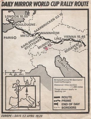 Daily Mirror London-Mexico World Cup Rally 1970
Dia 1 y 2
Recorrido del 19 y 20 de Abril.

Del 19 de Abril al 27 de Mayo, Londres - Mexico.
Superficie: tierra - asfalto.

ITINERARIO:
Reino Unido, Francia, Alemania Occidental, Austria, Hungría, Yugoslavia, Bulgaria, regreso a Yugoslavia, Italia, Sur de Francia, España, Portugal.
REINICIO:
Brasil, Uruguay, Argentina, Chile, regreso a Argentina, Bolivia, Perú, Ecuador, Colombia, Panamá, Costa Rica, Nicaragua, Honduras, El Salvador, Guatemala y México.

La prueba constaba de 29 tramos especiales con un total de 25.750.00 km incluyendo los tramos de enlace.

Tomaron la salida 96 equipos, finalizaron 26.
Palabras clave: Londres-Mexico