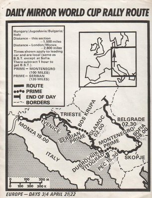 Daily Mirror London-Mexico World Cup Rally 1970
Dia 3 y 4.
Recorrido del 21 y 22 de Abril.

Del 19 de Abril al 27 de Mayo, Londres - Mexico.
Superficie: tierra - asfalto.

ITINERARIO:
Reino Unido, Francia, Alemania Occidental, Austria, Hungría, Yugoslavia, Bulgaria, regreso a Yugoslavia, Italia, Sur de Francia, España, Portugal.
REINICIO:
Brasil, Uruguay, Argentina, Chile, regreso a Argentina, Bolivia, Perú, Ecuador, Colombia, Panamá, Costa Rica, Nicaragua, Honduras, El Salvador, Guatemala y México.

La prueba constaba de 29 tramos especiales con un total de 25.750.00 km incluyendo los tramos de enlace.

Tomaron la salida 96 equipos, finalizaron 26.
Palabras clave: Londres-Mexico