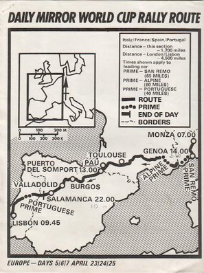 Daily Mirror London-Mexico World Cup Rally 1970
Dia 5, 6 y 7
Recorrido del 23 al 25 de Abril.

Del 19 de Abril al 27 de Mayo, Londres - Mexico.
Superficie: tierra - asfalto.

ITINERARIO:
Reino Unido, Francia, Alemania Occidental, Austria, Hungría, Yugoslavia, Bulgaria, regreso a Yugoslavia, Italia, Sur de Francia, España, Portugal.
REINICIO:
Brasil, Uruguay, Argentina, Chile, regreso a Argentina, Bolivia, Perú, Ecuador, Colombia, Panamá, Costa Rica, Nicaragua, Honduras, El Salvador, Guatemala y México.

La prueba constaba de 29 tramos especiales con un total de 25.750.00 km incluyendo los tramos de enlace.

Tomaron la salida 96 equipos, finalizaron 26.
Palabras clave: Londres-Mexico