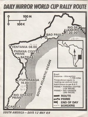 Daily Mirror London-Mexico World Cup Rally 1970
Dia 1 y 2
Recorrido del 8 al 9 de Mayo.

Del 19 de Abril al 27 de Mayo, Londres - Mexico.
Superficie: tierra - asfalto.

ITINERARIO:
Reino Unido, Francia, Alemania Occidental, Austria, Hungría, Yugoslavia, Bulgaria, regreso a Yugoslavia, Italia, Sur de Francia, España, Portugal.
REINICIO:
Brasil, Uruguay, Argentina, Chile, regreso a Argentina, Bolivia, Perú, Ecuador, Colombia, Panamá, Costa Rica, Nicaragua, Honduras, El Salvador, Guatemala y México.

La prueba constaba de 29 tramos especiales con un total de 25.750.00 km incluyendo los tramos de enlace.

Tomaron la salida 96 equipos, finalizaron 26.
Palabras clave: Londres-Mexico