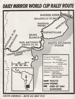 Daily Mirror London-Mexico World Cup Rally 1970
Dia 4 y 5.
Recorrido del 11 y 12 de Mayo.

Del 19 de Abril al 27 de Mayo, Londres - Mexico.
Superficie: tierra - asfalto.

ITINERARIO:
Reino Unido, Francia, Alemania Occidental, Austria, Hungría, Yugoslavia, Bulgaria, regreso a Yugoslavia, Italia, Sur de Francia, España, Portugal.
REINICIO:
Brasil, Uruguay, Argentina, Chile, regreso a Argentina, Bolivia, Perú, Ecuador, Colombia, Panamá, Costa Rica, Nicaragua, Honduras, El Salvador, Guatemala y México.

La prueba constaba de 29 tramos especiales con un total de 25.750.00 km incluyendo los tramos de enlace.

Tomaron la salida 96 equipos, finalizaron 26.
Palabras clave: Londres-Mexico