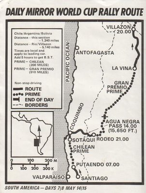 Daily Mirror London-Mexico World Cup Rally 1970
Dia 7 y 8.
Recorrido del 14 y 15 de Mayo.

Del 19 de Abril al 27 de Mayo, Londres - Mexico.
Superficie: tierra - asfalto.

ITINERARIO:
Reino Unido, Francia, Alemania Occidental, Austria, Hungría, Yugoslavia, Bulgaria, regreso a Yugoslavia, Italia, Sur de Francia, España, Portugal.
REINICIO:
Brasil, Uruguay, Argentina, Chile, regreso a Argentina, Bolivia, Perú, Ecuador, Colombia, Panamá, Costa Rica, Nicaragua, Honduras, El Salvador, Guatemala y México.

La prueba constaba de 29 tramos especiales con un total de 25.750.00 km incluyendo los tramos de enlace.

Tomaron la salida 96 equipos, finalizaron 26.
Palabras clave: Londres-Mexico