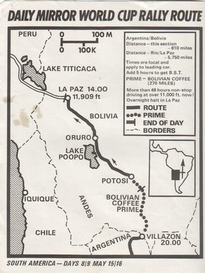 Daily Mirror London-Mexico World Cup Rally 1970
Dia 8 y 9.
Recorrido del 15 y 16 de Mayo.

Del 19 de Abril al 27 de Mayo, Londres - Mexico.
Superficie: tierra - asfalto.

ITINERARIO:
Reino Unido, Francia, Alemania Occidental, Austria, Hungría, Yugoslavia, Bulgaria, regreso a Yugoslavia, Italia, Sur de Francia, España, Portugal.
REINICIO:
Brasil, Uruguay, Argentina, Chile, regreso a Argentina, Bolivia, Perú, Ecuador, Colombia, Panamá, Costa Rica, Nicaragua, Honduras, El Salvador, Guatemala y México.

La prueba constaba de 29 tramos especiales con un total de 25.750.00 km incluyendo los tramos de enlace.

Tomaron la salida 96 equipos, finalizaron 26.
Palabras clave: Londres-Mexico