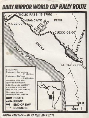 Daily Mirror London-Mexico World Cup Rally 1970
Dia 10 y 11.
Recorrido del 17 y 18 de Mayo.

Del 19 de Abril al 27 de Mayo, Londres - Mexico.
Superficie: tierra - asfalto.

ITINERARIO:
Reino Unido, Francia, Alemania Occidental, Austria, Hungría, Yugoslavia, Bulgaria, regreso a Yugoslavia, Italia, Sur de Francia, España, Portugal.
REINICIO:
Brasil, Uruguay, Argentina, Chile, regreso a Argentina, Bolivia, Perú, Ecuador, Colombia, Panamá, Costa Rica, Nicaragua, Honduras, El Salvador, Guatemala y México.

La prueba constaba de 29 tramos especiales con un total de 25.750.00 km incluyendo los tramos de enlace.

Tomaron la salida 96 equipos, finalizaron 26.
Palabras clave: Londres-Mexico