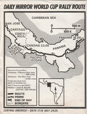 Daily Mirror London-Mexico World Cup Rally 1970
Dia 17 y 18.
Recorrido del 24 y 25 de Mayo.

Del 19 de Abril al 27 de Mayo, Londres - Mexico.
Superficie: tierra - asfalto.

ITINERARIO:
Reino Unido, Francia, Alemania Occidental, Austria, Hungría, Yugoslavia, Bulgaria, regreso a Yugoslavia, Italia, Sur de Francia, España, Portugal.
REINICIO:
Brasil, Uruguay, Argentina, Chile, regreso a Argentina, Bolivia, Perú, Ecuador, Colombia, Panamá, Costa Rica, Nicaragua, Honduras, El Salvador, Guatemala y México.

La prueba constaba de 29 tramos especiales con un total de 25.750.00 km incluyendo los tramos de enlace.

Tomaron la salida 96 equipos, finalizaron 26.
Palabras clave: Londres-Mexico