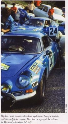 Jean Vinatier - Lucette Pointet
31º Coupe des Alpes 1971. Alpine-Renault A110 1600 S (54 GX 76). Clasificado 2º.

Detrás se puede ver el Alpine-Renaul A110 1600 S (1494 GX 76) de Bernard Darniche - Alain Mahé Clasificado 1º.

Del 25 al 26 de Junio, Uriage-Marseille.
Superficie: asfalto.

La prueba tenia un total de 1420.00 km de los que 800.00 km eran cronometrados.

No sabemos cuantos equipos tomaron la salida, finalizaron 36.
@
Palabras clave: Renault;Alpine;Alpes;1971