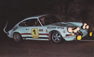 Alberto Ruiz-Giménez - Enrique Sauto
13º Rally 2000 Viratges 1971. Porsche 911S (Escudería Repsol). Clasificado 2º.

Del 27 al 28 de Noviembre. Coef.5
Superficie: asfalto.

El Rally tenia un total de 594,7 Km incluyendo 14 tramos cronometrados.

Tomaron la salida 67, finalizaron 36.
Palabras clave: Porsche;2000_Viratges;1971