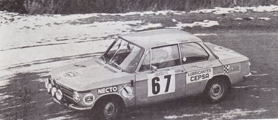 Gerardo Hofmann - José MÂª Mònaco
7º Rallye Barcelona-Andorra 1971. BMW 2002 ti. Clasificado 7º.
20-21 Noviembre. Coef.4
El Rally tenia un total de 597 Km de los que 102.8 km divididos en 7 tramos, eran especiales.
Se inscribieron 88 participantes, tomaron la salida 70, finalizaron 47.
Durante los años 1965 y 1972 este Rally fue el sustituto del Rallye Catalunya, el cual no se celebraba.
Palabras clave: Barcelona_Andorra;1971