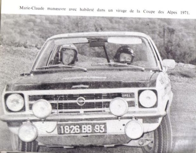 Marie Claude Beaumont - Martina de la Grandrive
31º Coupe des Alpes 1971. Opel Ascona SR 1.9 (1826 BB 93). Clasificada 9ª.

Del 25 al 26 de Junio, Uriage-Marseille.
Superficie: asfalto.

La prueba tenia un total de 1420.00 km de los que 800.00 km eran cronometrados.

No sabemos cuantos equipos tomaron la salida, finalizaron 36.@
Palabras clave: Opel;Alpes;1971;Mujeres;Womens