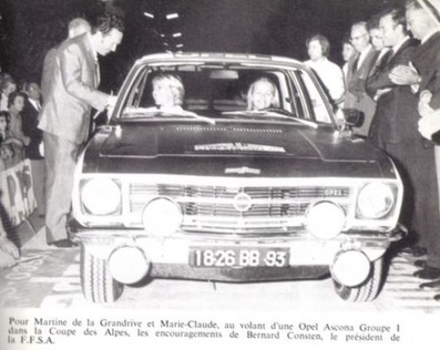 Marie Claude Beaumont - Martina de la Grandrive
31º Coupe des Alpes 1971. Opel Ascona SR 1.9 (1826 BB 93). Clasificada 9ª.

Del 25 al 26 de Junio, Uriage-Marseille.
Superficie: asfalto.

La prueba tenia un total de 1420.00 km de los que 800.00 km eran cronometrados.

No sabemos cuantos equipos tomaron la salida, finalizaron 36.@
Palabras clave: Opel;Alpes;1971;Mujeres;Womens