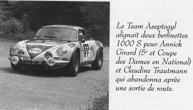 Annick Girard - Marie Odile Desvignes
31º Rally Coupe del Alpes 1971. Alpine-Renault A110 1600 S (1625 SY 38).
Clasificada 5ª y 1ª en Coupe de Dames para el Criteriums France Championship (coef 4).

Del 25 al 26 de Junio, Uriage-Marseille.
Superficie: asfalto.

La prueba tenia un total de 1420.00 km de los que 800.00 km eran cronometrados.

No sabemos cuantos equipos tomaron la salida, finalizaron 36.
@
Palabras clave: Renault;Alpine;Alpes;1971