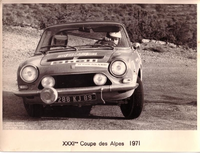 Jean Paul Moreau - Raymond Steinbach
31º Coupe des Alpes 1971. Simca 1200 S Coupé (288 KJ 89).
Clasificado 33º para el Criteriums France Championship (coef 4).

Del 25 al 26 de Junio, Uriage-Marseille.
Superficie: asfalto.

La prueba tenia un total de 1420.00 km de los que 800.00 km eran cronometrados.

No sabemos cuantos equipos tomaron la salida, finalizaron 36.@
Palabras clave: Simca;Alpes;1971