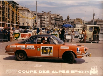 Jean Paul Moreau - Raymond Steinbach
31º Coupe des Alpes 1971. Simca 1200 S Coupé (288 KJ 89).
Clasificado 33º para el Criteriums France Championship (coef 4).

Del 25 al 26 de Junio, Uriage-Marseille.
Superficie: asfalto.

La prueba tenia un total de 1420.00 km de los que 800.00 km eran cronometrados.

No sabemos cuantos equipos tomaron la salida, finalizaron 36.@
Palabras clave: Simca;Alpes;1971