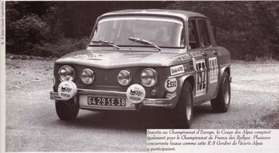 Alain Coppier - Pierre Bertrand
31º Coupe des Alpes 1971. Renault 8 Gordini (6429 SE 38).
Abandonó para el Criteriums France Championship (coef 4).

Del 25 al 26 de Junio, Uriage-Marseille.
Superficie: asfalto.

La prueba tenia un total de 1420.00 km de los que 800.00 km eran cronometrados.

No sabemos cuantos equipos tomaron la salida, finalizaron 36.@
Palabras clave: Renault;Alpes;1971