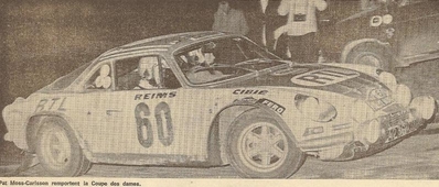 Pat Moss-Carlsson - Elizabeth Crellin
41º Rallye Automobile de Monte-Carlo 1972. Alpine-Renault A110 1600 (4236 TC 38). Clasificada 10ª y 1ª en Copa de Damas.

Del 21 al 28 de Enero, Monte-Carlo.
Superficie: asfalto - nieve.

El Rally constaba de 2 etapas y 437.50 km cronometrados divididos en 16 tramos especiales.

Se inscribieron 299 equipos, tomaron la salida 264, finalizaron 40.@
Palabras clave: Pat_Moss-Carlsson;Renault;Alpine;A110;Montecarlo;1972
