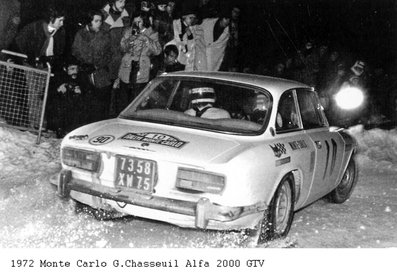 Guy Chasseuil - Christian Baron
41º Rallye Automobile de Monte-Carlo 1972. Alfa Romeo 2000 GTV (7358 XW 75). Clasificado 27º.

Del 21 al 28 de Enero, Monte-Carlo.
Superficie: asfalto - nieve.

El Rally constaba de 2 etapas y 437.50 km cronometrados divididos en 16 tramos especiales.

Se inscribieron 299 equipos, tomaron la salida 264, finalizaron 40.@
Palabras clave: Alfa;Romeo;GTV;Montecarlo;1972;nieve