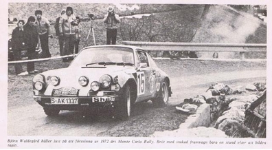 Björn Waldegård - Hans Thorszelius
41º Rallye Automobile de Monte-Carlo 1972. Porsche 911 S (S-AK 1337). Abandonó por accidente.

Del 21 al 28 de Enero, Monte-Carlo.
Superficie: asfalto - nieve.

El Rally constaba de 2 etapas y 437.50 km cronometrados divididos en 16 tramos especiales.

Se inscribieron 299 equipos, tomaron la salida 264, finalizaron 40.@
Palabras clave: ;Hans_Thorszelius;Montecarlo;1972