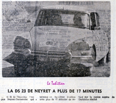 Robert Neyret - Jacques Terramorsi
16º Rallye du Maroc 1973, Citröen DS23 (9491-YX75). Clasificado 2º.

Del 8 al 13 de Mayo, Rabat, Casablanca.
Superficie: asfalto - tierra.

El Rally tenia un total de 5303.00 km de los que 1210.00 km divididos en 11 tramos eran especiales.

Kilómetros de los tramos:

1ª ETAPA
SS1 El Khatouat de 95.00 km.
SS2 Col du Zegota de 30.00 km.
SS3 Kettama de 40.00 km.
SS4 Tleta - Kettama de 30.00 km.

TOTAL ETAPA 195.00 km.

2ª ETAPA
SS5 Missour de 175 km.
SS6 Rich de 205 km.

TOTAL ETAPA 380.00 km.

3ª ETAPA
SS7 Tizi N'Test de 87 km.
SS8 Foum Zguid de 200.00 km.
SS9 Tazenakht de 92 km.
SS10 Ntchka de 20 km.
SS11 Rissani de 236 km.

TOTAL ETAPA 635.00 km.
TOTAL 1210 KM.

Tomaron la salida 66 equipos, finalizaron 12.
@
Palabras clave: ;Marruecos;Citroen;DS23;1973