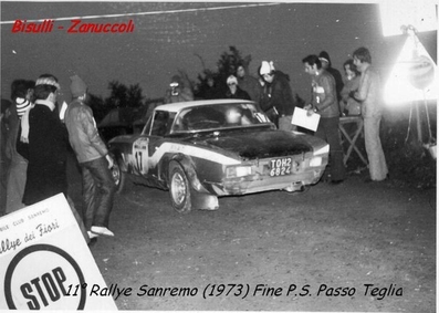 Giulio Bisulli - Arturo Zanuccoli
15º Rally Sanremo 1973. Fiat 124 Abarth Rallye. Clasificado 4º.

Del 10 al 13 de Octubre, Sanremo, Liguria, Imperia, Italia.
Superficie: asfalto - tierra.

El Rally tenia un total de 1791.00 km, de los que 369.30 km divididos en 37 tramos eran especiales (2 de ellas fueron canceladas, SS11 y SS16 Del Serre 1 y 2 de 7.5 km).

Se inscribieron 120 equipos, tomaron la salida 107, finalizaron 36.
Palabras clave: Fiat;Abarth;Spider;Sanremo;1974