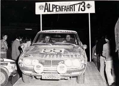 Jörg Selan - Walter Knar
44º Österreichische Alpenfahrt 1973. Toyota Celica GT 1600 (N 453.098). Clasificado 20º.

Del 12 al 14 de Septiembre, Baden, Austria.
Superficie: tierra.

El Rallye tenia un total de 2,314.50 km de los que 324,50 km divididos en 31 tramos eran especiales (2 de ellos fueron cancelados, SS2 y SS22).

Se inscribieron 97 equipos, tomaron la salida 97, finalizaron 25.@
Palabras clave: Toyota;Celica;GT;Austria;1973